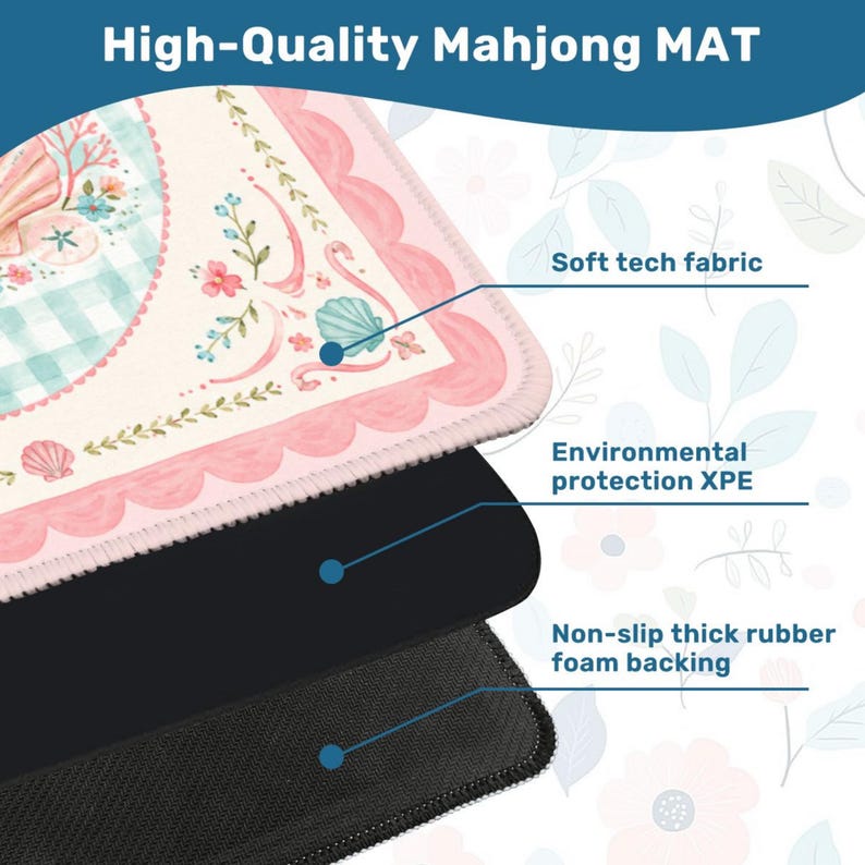 May include: A high-quality Mahjong mat with a soft tech fabric surface, featuring a pink scalloped border and a whimsical design with seashells and flowers. The mat has a non-slip thick rubber foam backing for stability.