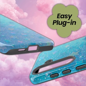 May include: Close-up of two phone cases with a blue and turquoise starry design. The cases have a black border and cutouts for the phone's features. The text "Easy Plug-in" is in a green flower-shaped graphic.