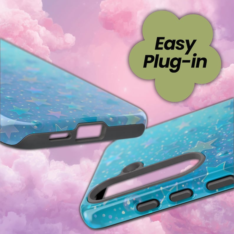 May include: Close-up of two phone cases with a blue and turquoise starry design. The cases have a black border and cutouts for the phone's features. The text "Easy Plug-in" is in a green flower-shaped graphic.