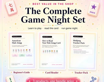 Amerikanisches Mahjong Komplettpaket, Anfängeranleitung, Kartenleser, Spickzettel, Scorecard, Handtracker, druckbare PDF-Set