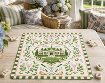Pink Green Golf Mahjong Mat | Preppy Country Club Neoprene Roll Up Mat with Bag | Mahjong Gift for Her