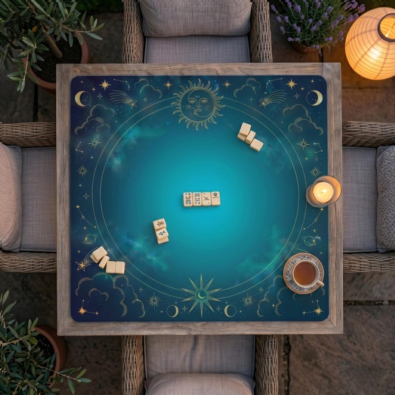 May include: A square game mat with a celestial design, featuring a teal and navy blue backdrop with gold sun, moon, and star motifs. Wooden game pieces are arranged on the mat, alongside a cup of tea and a lit candle. The mat rests on a wooden table.