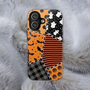 Goth Halloween Phone Case: Orange Patchwork Ghosts, Bats, Pumpkins