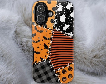 Goth Halloween Phone Case: Orange Patchwork Ghosts, Bats, Pumpkins
