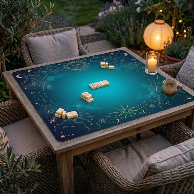 May include: A wooden table featuring a teal celestial-themed mat with gold sun, moon, and star designs. Several dominoes are scattered on the mat. The table is surrounded by wicker chairs, a lit candle, and a lantern.