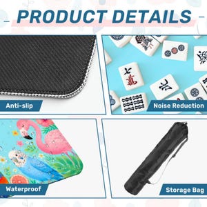 May include: Product details image with four sections. Top left shows a close-up of a black, anti-slip surface. Top right shows white Mahjong tiles on a blue background. Bottom left shows a flamingo and bird design. Bottom right shows a black storage bag.
