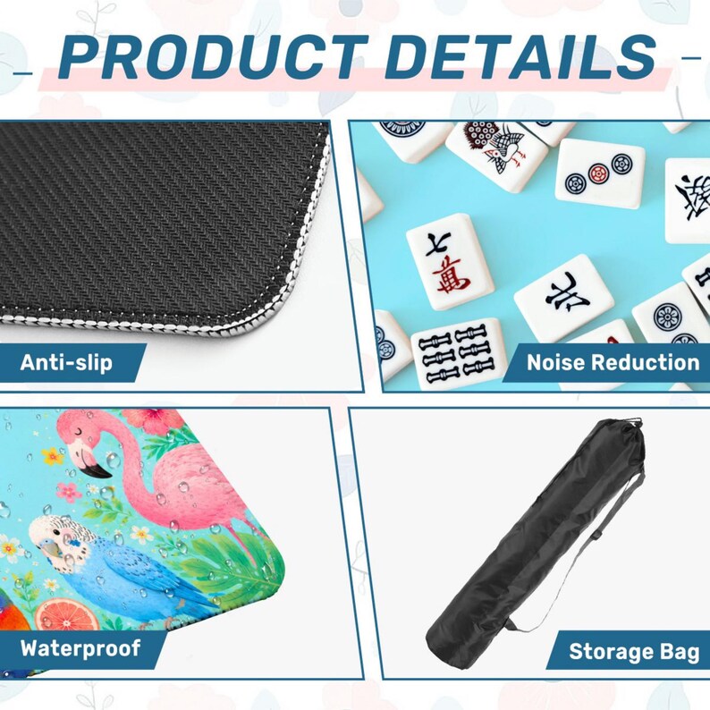 May include: Product details image with four sections. Top left shows a close-up of a black, anti-slip surface. Top right shows white Mahjong tiles on a blue background. Bottom left shows a flamingo and bird design. Bottom right shows a black storage bag.