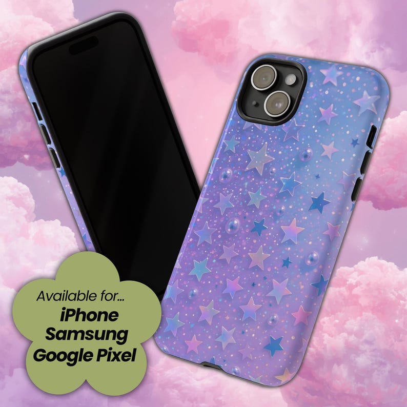 May include: A phone case with a purple and blue starry design. The case has a black border and is shown next to a phone with a black screen. The image includes the text "Available for... iPhone Samsung Google Pixel".