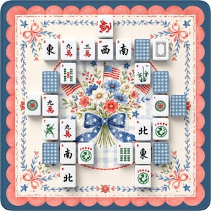 May include: A square Mahjong game mat with a floral and ribbon border. The centre features a bouquet with American flags. White Mahjong tiles are arranged around the bouquet. The mat is decorated with red, white, and blue colours.