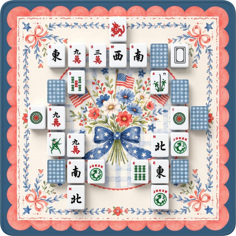 May include: A square Mahjong game mat with a floral and ribbon border. The centre features a bouquet with American flags. White Mahjong tiles are arranged around the bouquet. The mat is decorated with red, white, and blue colours.
