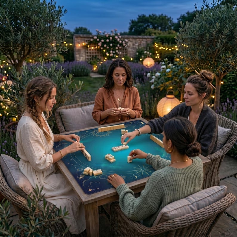 May include: Four people play Mahjong around a wooden table outdoors at dusk. The table has a blue surface with a celestial design. The players are seated in wicker chairs, surrounded by greenery and fairy lights, creating a relaxed atmosphere.