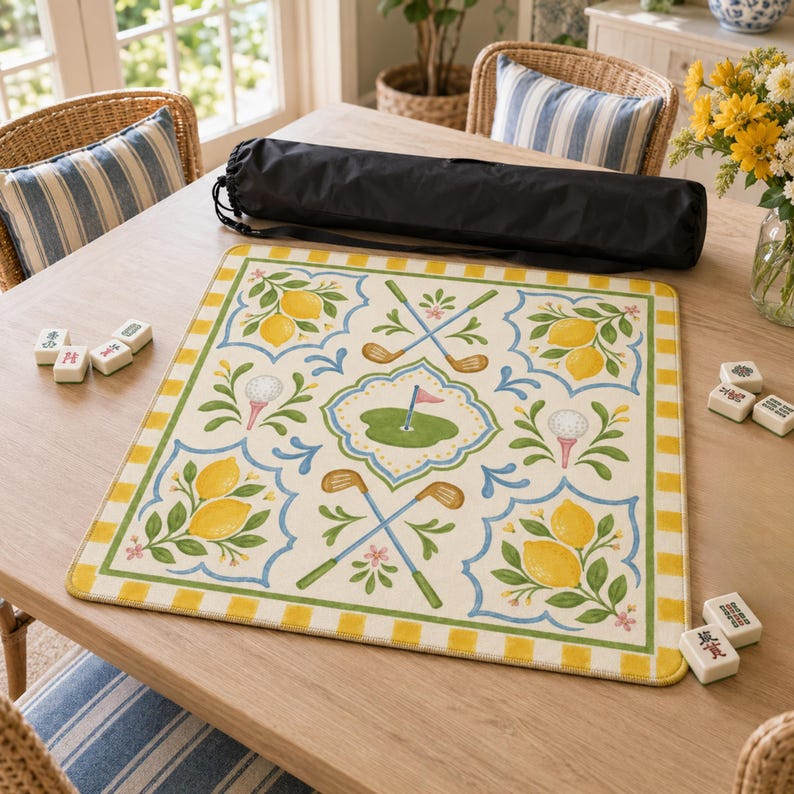 May include: A decorative golf-themed mat with a lemon and floral design. The mat features golf clubs, golf balls, and a green with a flag. A black carrying case and Mahjong tiles are also visible.
