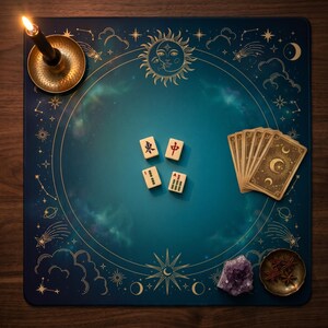 May include: A teal and navy blue game mat with a celestial design, featuring a sun and moon, stars, and clouds. The mat holds Mahjong tiles, tarot cards, a candle, a crystal, and a small bowl with spices.