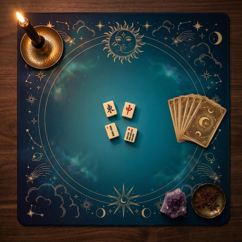 May include: A teal and navy blue game mat with a celestial design, featuring a sun and moon, stars, and clouds. The mat holds Mahjong tiles, tarot cards, a candle, a crystal, and a small bowl with spices.