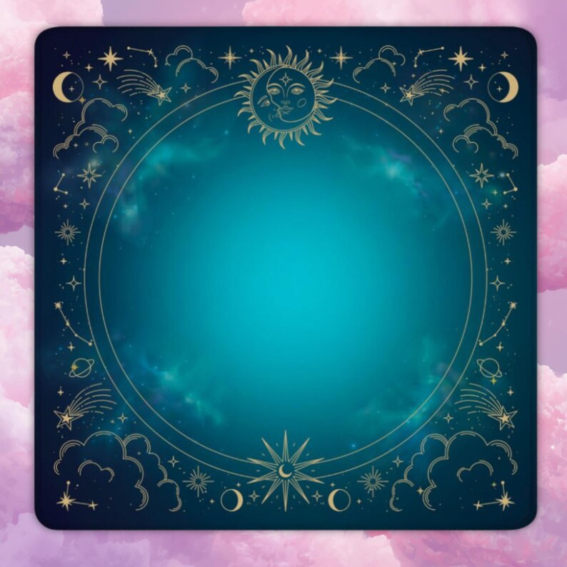 May include: A square design with a teal centre and a gold border featuring celestial elements. The border includes illustrations of the sun, moon, stars, constellations, and clouds. The background is a teal and blue gradient, set against a pink and white cloudy backdrop.