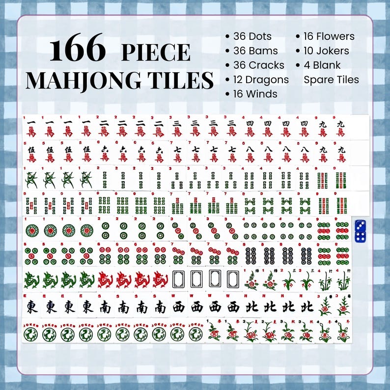 May include: A 166-piece Mahjong tile set with various symbols and characters. The tiles are white with red, green, and black markings. The set includes dots, bams, cracks, dragons, winds, flowers, jokers, and blank tiles. A blue die is also included.