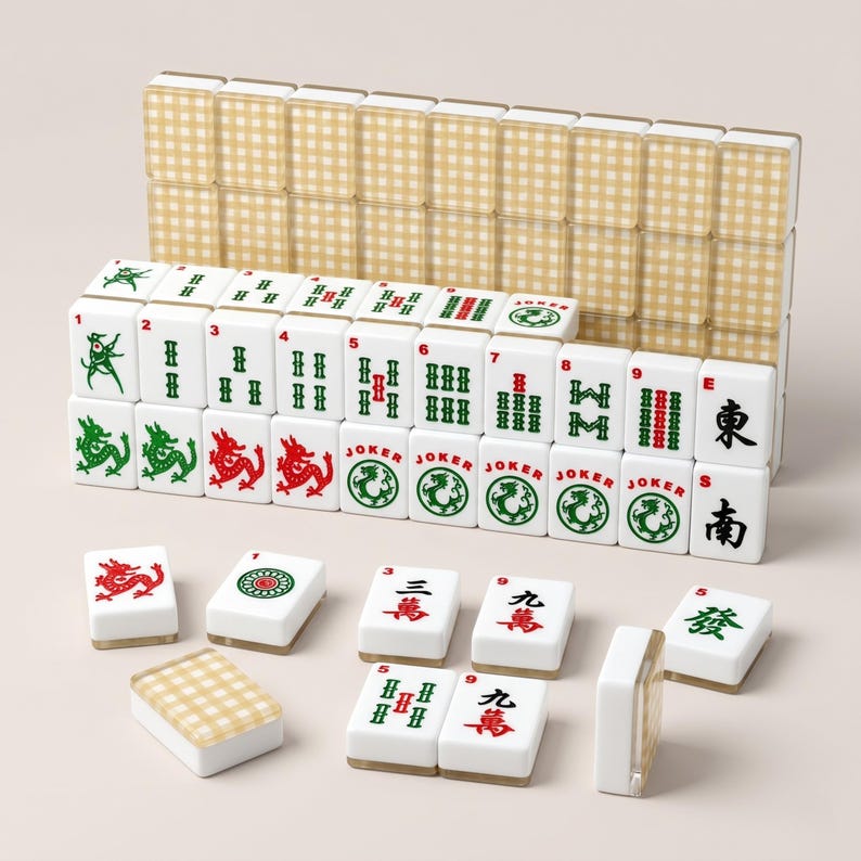 May include: A complete Mahjong set with white tiles featuring red, green, and black symbols and characters. The set includes tiles with dragons, jokers, and numbers, along with a beige checkered tile holder.