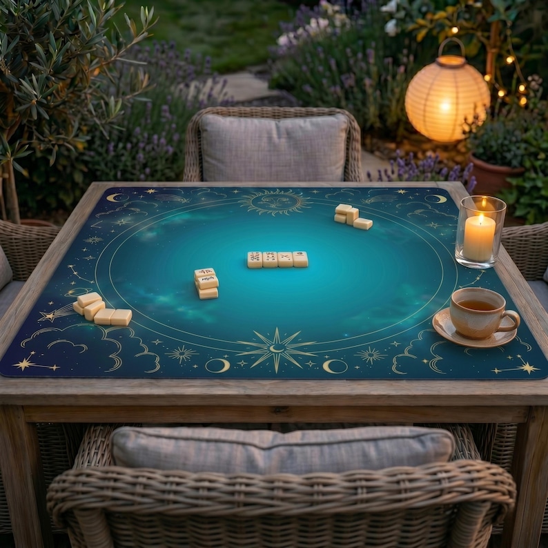 May include: A wooden table set for a game of Mahjong outdoors. The table is covered with a blue mat featuring celestial designs. Mahjong tiles are arranged on the mat, alongside a lit candle and a cup of tea. The scene is illuminated by a lantern.