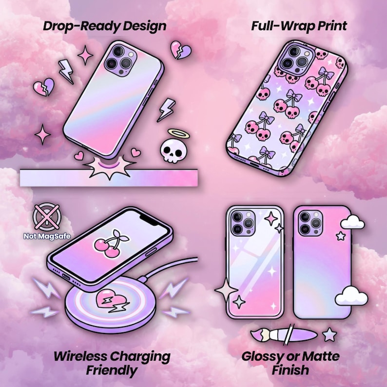 May include: Image showcasing phone cases with various designs. One case features a full-wrap print of pink skulls with cherry bows. Other cases display a gradient of pink and purple. The image also highlights features like drop-ready design and wireless charging compatibility.