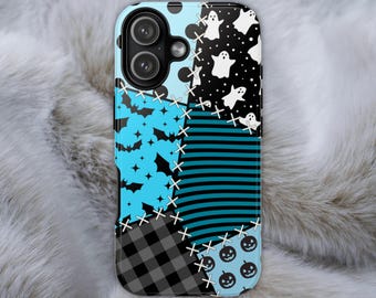 Kawaii Pastel Goth Phone Case: Baby Blue Spooky Patchwork Design
