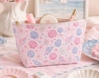 Coastal Mahjong Makeup Bag, Mahjong Accessory Pouch, Mahjong Travel Pouch, Cute Zipper Bag, Mahjong Gift for Women