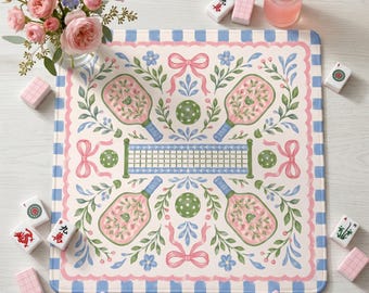Floral Pickleball Mahjong Mat | Pink Blue Preppy Court | Neoprene Roll Up Mat with Bag | Pickleball Gift | Mahjong Gift for Her