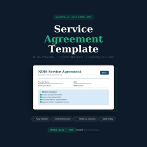 Könnte beinhalten: Dunkelblaue Grafik mit den Worten "Service Agreement Template" in Weiß und Grün. Das Bild enthält ein weißes Dokument mit dem Titel "NDIS Service Agreement" mit Feldern für Anbieter- und Teilnehmerdetails. Das Dokument enthält eine Liste der enthaltenen Elemente.