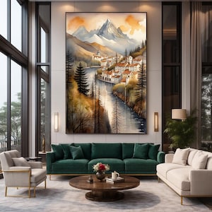 Alpine Village Wall Art – Snowy Mountains & River, Watercolor Digital Print for Rustic Home Decor