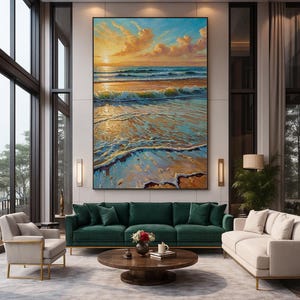Golden Sunset Seascape Canvas Art: Coastal Beach Wave Painting (Digital Download, 7200x9000 px JPG)