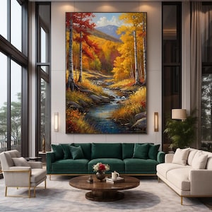 Autumn Forest River Landscape Wall Art Golden Fall Trees & Mountain Stream Digital Painting, Scenic Forest Path Painting, Autumn river Print
