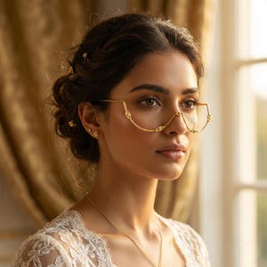 May include: Gold-toned, decorative eyewear with a unique, curved design. The glasses feature small, eye-shaped embellishments along the frame. The model is wearing a white lace top and gold jewelry, including a necklace and earrings.