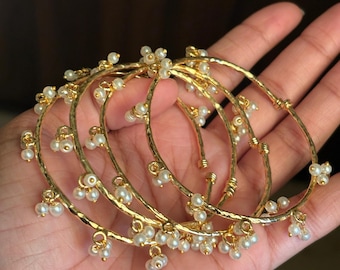 Handcrafted Kashmiri Bangles Set | Adjustable Boho Brass & Pearl Jewelry for Festivals