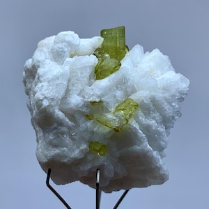 May include: A close-up of a mineral specimen. It features a cluster of white, crystalline formations with several vibrant, yellow-green crystals. The mineral is mounted on a thin, metal stand against a light grey background.