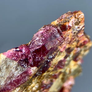 Puede incluir: Un espécimen mineral en bruto con estructuras cristalinas de color magenta intenso y rojo rubí incrustadas en una matriz texturizada de color beige terroso y marrón dorado. Las superficies de los cristales muestran un brillo vítreo.