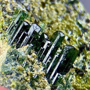 Dunkelgrüner Diopsidkristall mit Magnetit, Vesuvianit und Topazolit, Mineralienprobe aus Afghanistan (24 g)