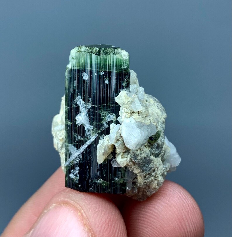 Green Cap Tourmaline Crystal on Matrix, Natural Bi-color Green ...