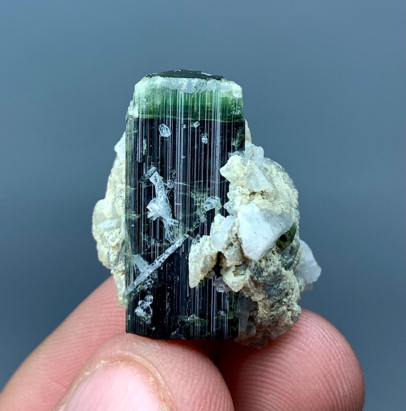Green Cap Tourmaline Crystal on Matrix, Natural Bi-color Green ...