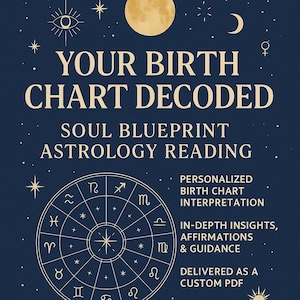 Pode incluir: Um gráfico azul marinho com o texto "YOUR BIRTH CHART DECODED" e "SOUL BLUEPRINT ASTROLOGY READING". Apresenta um mapa astral circular, lua, estrelas e o texto "PERSONALIZED BIRTH CHART INTERPRETATION."