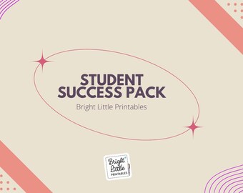 Peut inclure: Fond beige avec des éléments décoratifs roses et violets. Le texte "STUDENT SUCCESS PACK" est en violet foncé, avec "Bright Little Printables" en dessous. Un logo est dans le coin inférieur.