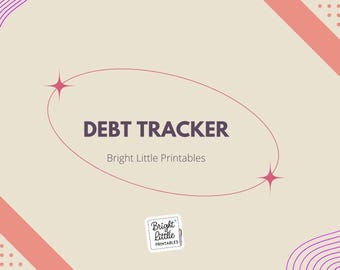 May include: A beige digital print with the words "DEBT TRACKER" in dark purple, encircled by a thin, light brown oval. The design includes pink diagonal stripes, purple wavy lines, and a small logo that says "Bright Little Printables".