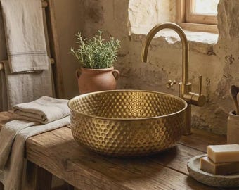 Handmade Moroccan Brass Sink - Unlacquered Antique Gold Washbasin - Artisan Rustic Metal Countertop Bowl