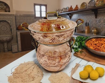 Cuscús marroquí de cobre hecho a mano - Olla vaporera de 2 niveles para cuscús, verduras y carne - Utensilios de cocina tradicionales forjados a mano
