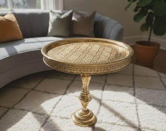 Hand-Engraved Moroccan Brass Tea Table round ,   Moroccan Accent