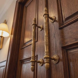 Puede incluir: Primer plano de una puerta de madera con dos manijas verticales de latón ornamentadas. La puerta es de color marrón oscuro con paneles detallados. Una lámpara con una pantalla beige es visible en el fondo.