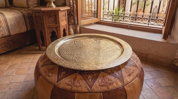 Handmade Moroccan Brass Tray, Engraved Tea Serving Platte, Authentic Arabesque Coffee Table Top