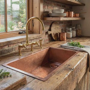 Handmade Hammered Copper Kitchen Sink, Farmhouse Rectangular Fixture