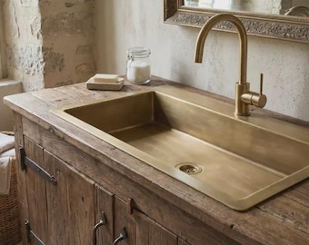 Unlacquered Brass Farmhouse Sink, Handmade Moroccan Vessel Basin Drop-in