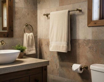 Antique Brass Bathroom Hardware Set | Hammered Towel Bar, Ring, Toilet Paper Holder