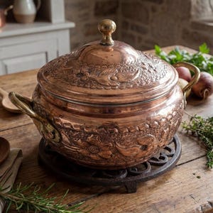 Hand Hammered Copper Casserole Pot | Floral Embossed Artisan Kitchen Decor