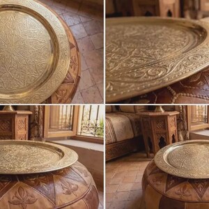 "Brass tray as a centerpiece on an outdoor patio table for summer dining."